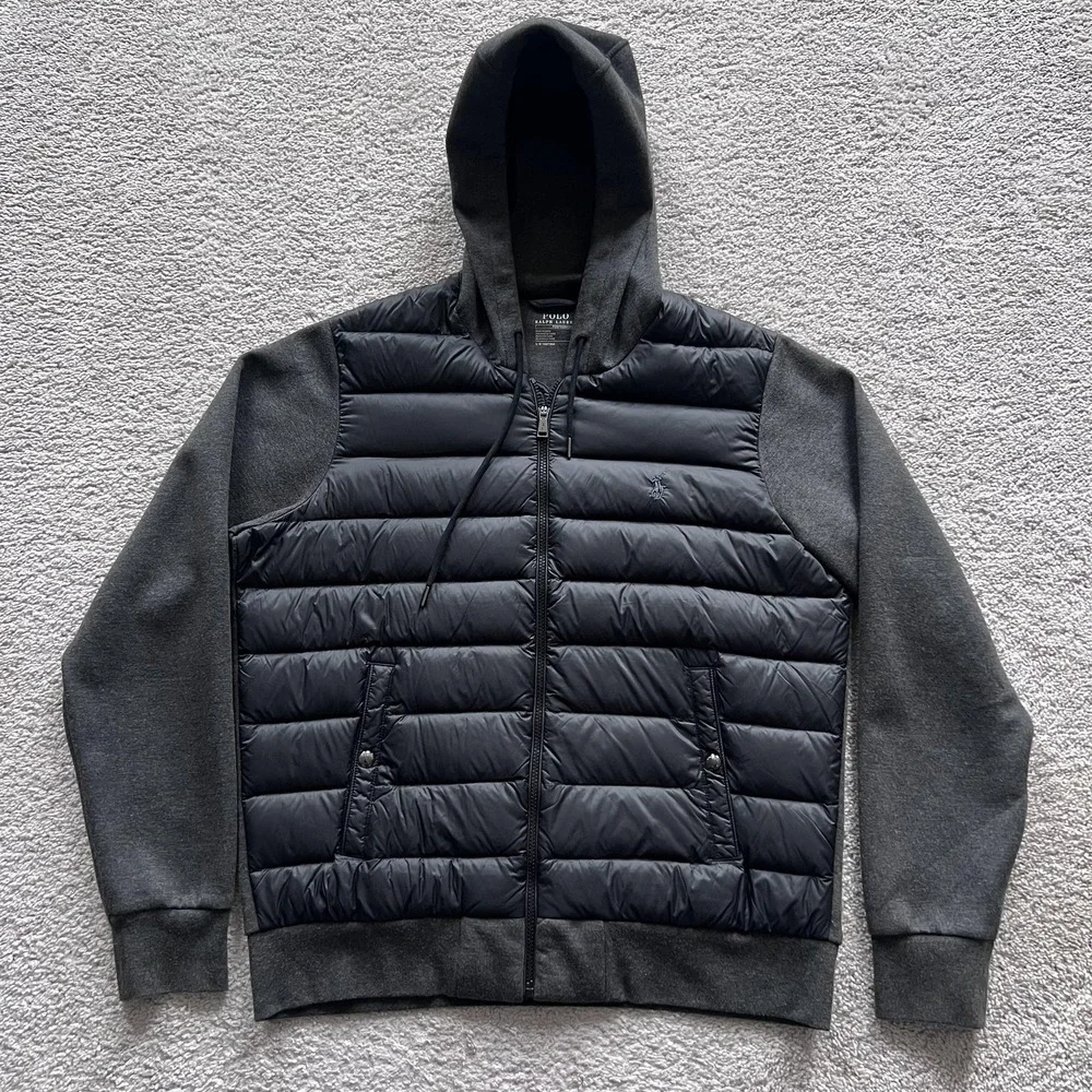 Polo Ralph Lauren Performance Puffer Jacket Mens L Black Hooded Down Hybrid